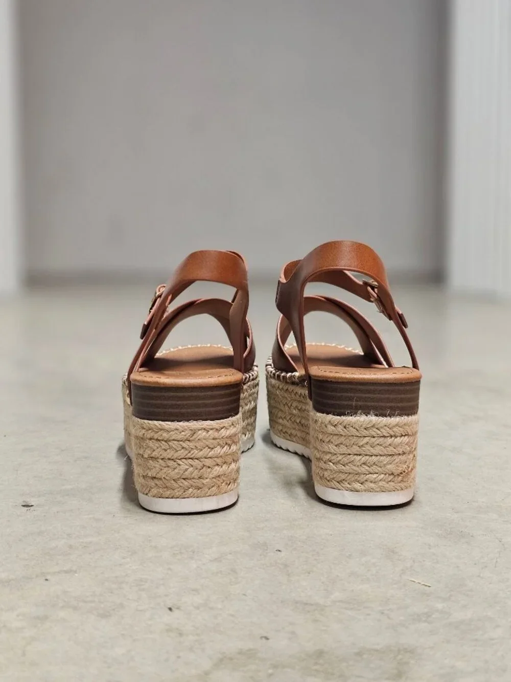 Tan Platform Espadrille Sandals With Buckle Strap Crisscross Upper & White Sole
